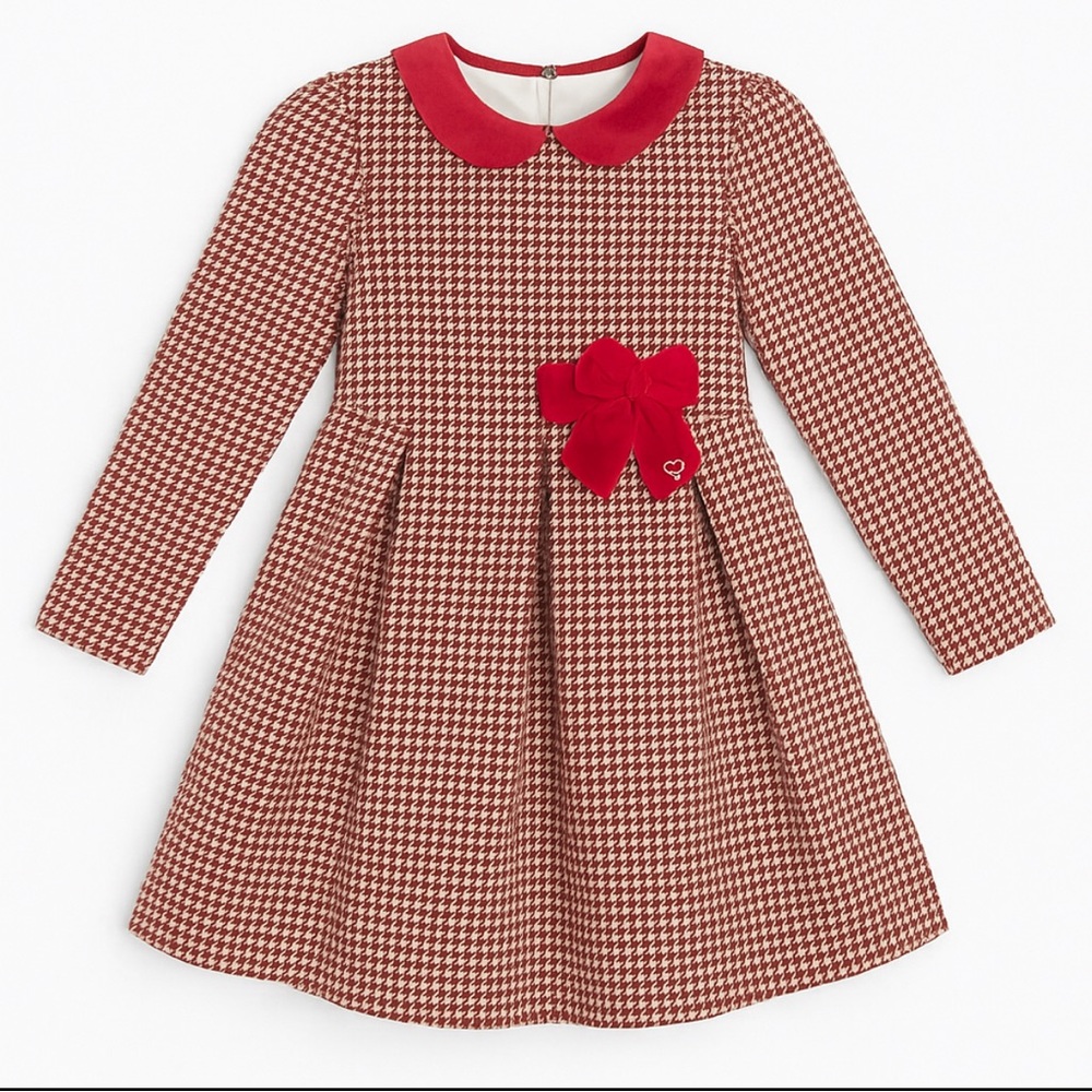 Mayoral Red and White Houndstooth Dress with Pink Bow
